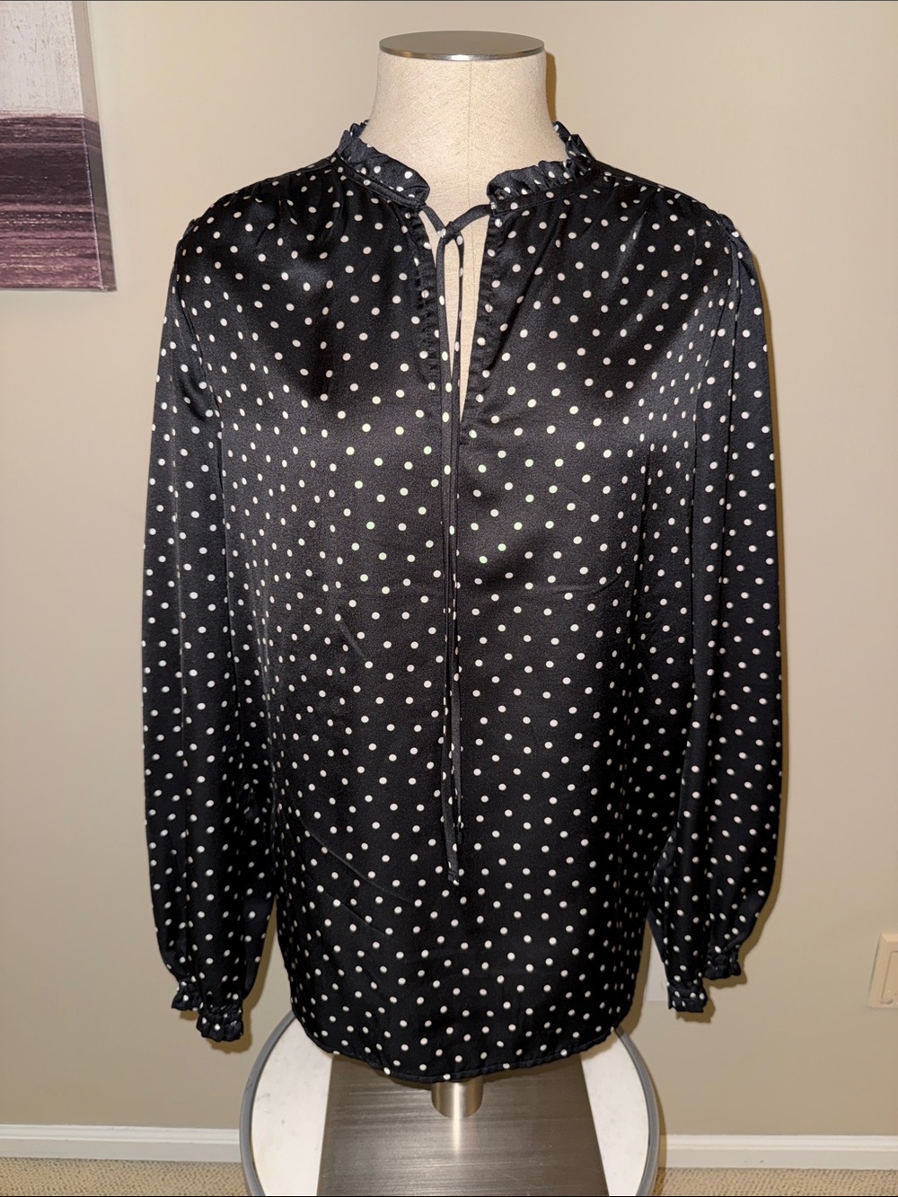 LOFT Black Polka Dot Tie-Neck Satin Blouse